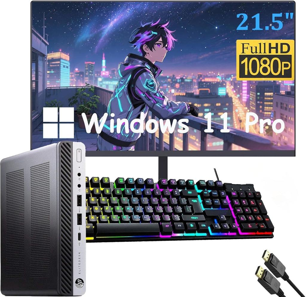 HP Elitedesk 800 G3 Mini PC Desktop with 21.5' FHD Computer Monitor, Windows 11 Pro, Core i5-7500 3.4GHz, Up to 3.8GHz, 16GB RAM, 512GB SSD, Keyboard, Mouse, DP Cable(Renewed)