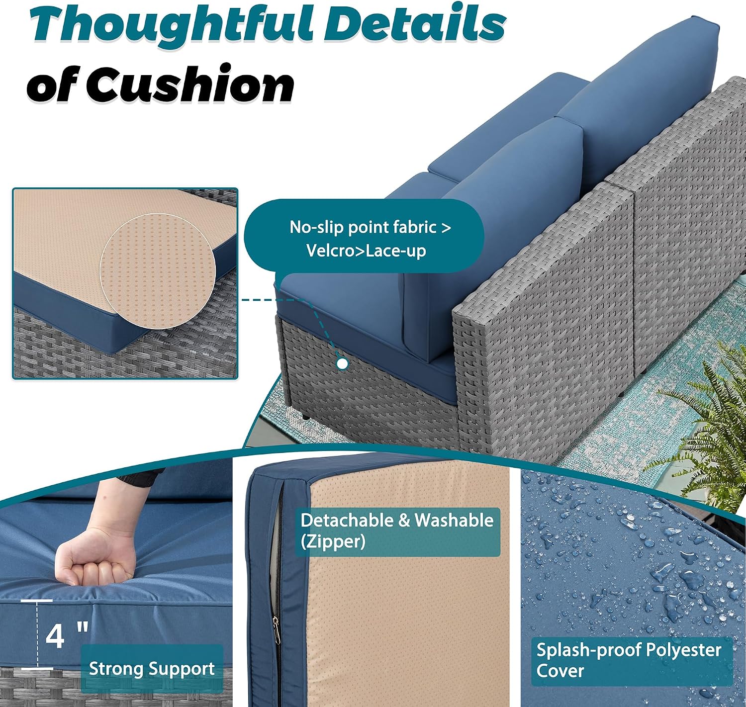 SUNLEI 7pcs Patio Conversation Sets Outdoor Furniture Sets, High Back All-Weather Rattan Sectional Sofa with Tea Table&Washable Couch Cushions(Silver Rattan) (Aegean Blue)