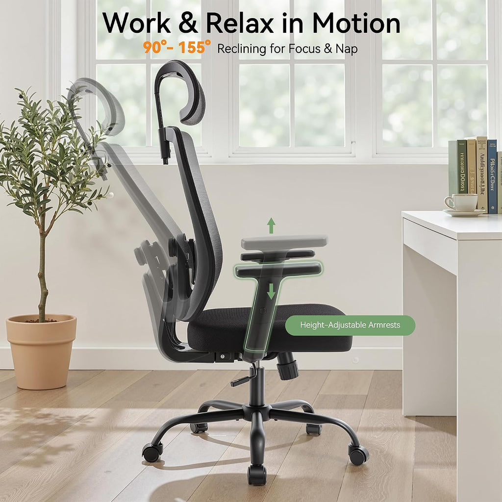 Ergonomic Office Chair Mesh Back, Office Desk Chair with Adjustable Lumbar Support, Rolling Work Chairs with Wheels and 3D Headrest, Set of 2, Black