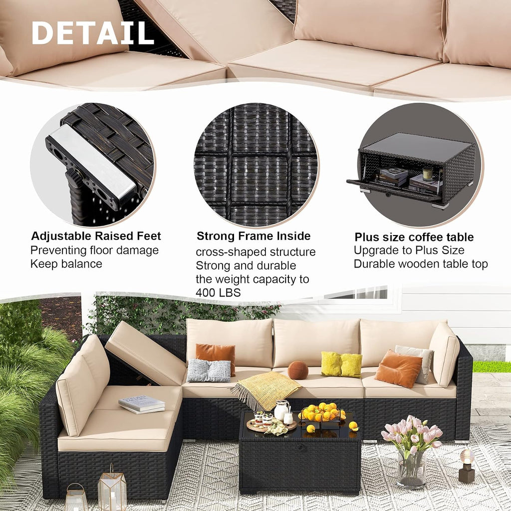 HOMREST 7 Piece Outdoor Patio Furniture, Hand Woven PE Rattan Patio Conversation Sets, Outdoor Sectional Set with Storage Table, Cushions and Pillows, Lift Sofa for Garden, Balcony, Lawn