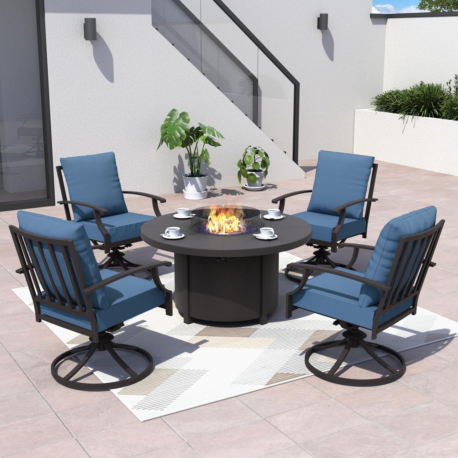 Kurapika 5 Piece Metal Moden Outdoor Patio Furniture Set with Round Fire Pit Table, Patio Conversation Sets 4 Swivel Chairs with Thick Cushion and 40000 BTU Fire Pit Table, for Yard Deck, Navy Blue