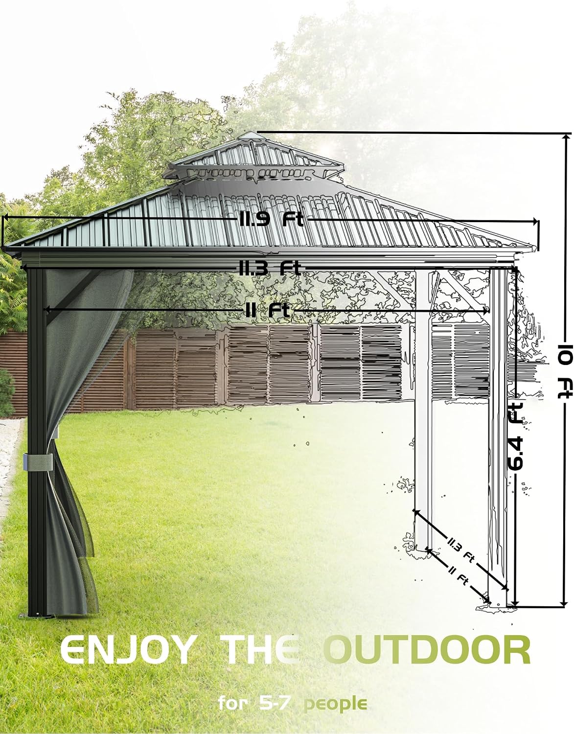 GarveeLife Outdoor Gazebo 12x12 Hardtop, Aluminum Frame Permanent Pavilion with Double Roof, Mosquito Netting & Privacy Curtains for Patio, Garden, Deck, Lawn and Backyard Parties