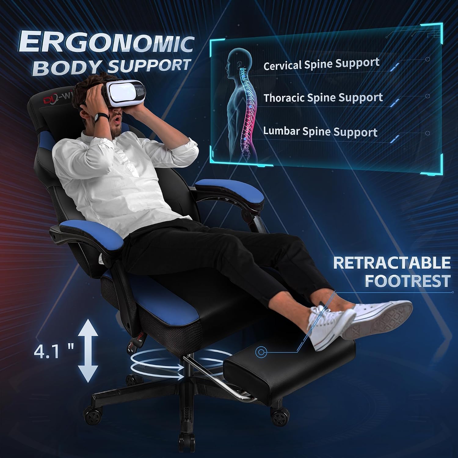 Gaming Chair with Footrest & Lumbar Support, Ergonomic Racing Style Computer Chair, 360° Swivel Height Adjustable Video Game Chair, Massage Office Chair Gaming Equipment, Blue