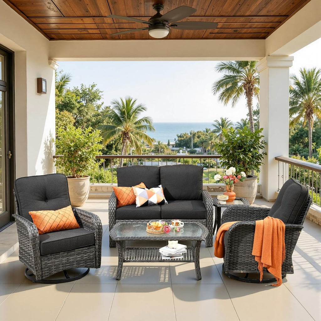 CAODOC 5 Pieces Patio Furniture Set,Outdoor Furniture with Rockers, Rattan Conversation Sets w/Coffee Table, Grey Wicker Black Cushion