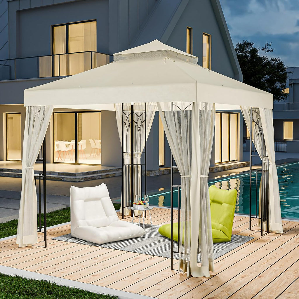 8x8 Outdoor Gazebo Tent with Netting and Corner Shelves, Double Roof Patio Gazebo with Soft Fabric Top, Outdoor Pavilion for Backyard Patio Garden Lawn, Beige