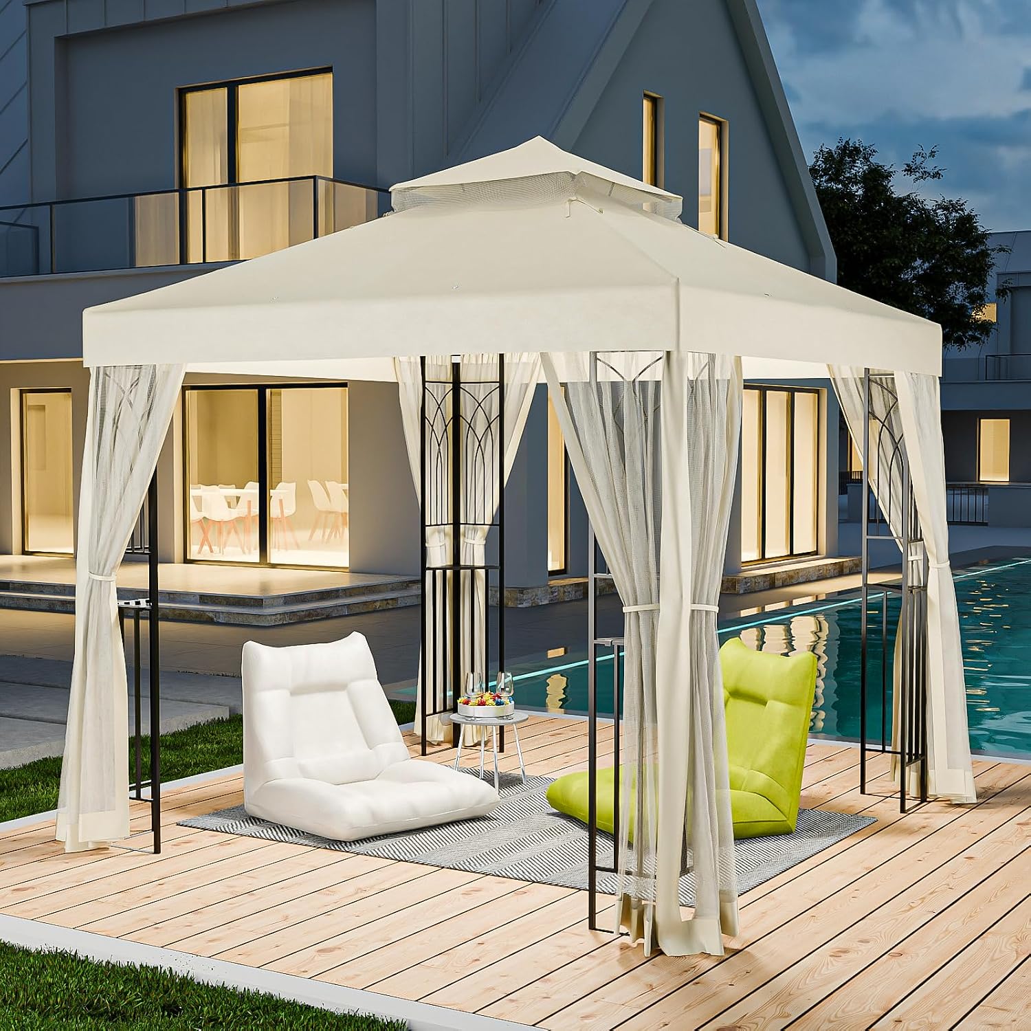 8x8 Outdoor Gazebo Tent with Netting and Corner Shelves, Double Roof Patio Gazebo with Soft Fabric Top, Outdoor Pavilion for Backyard Patio Garden Lawn, Beige