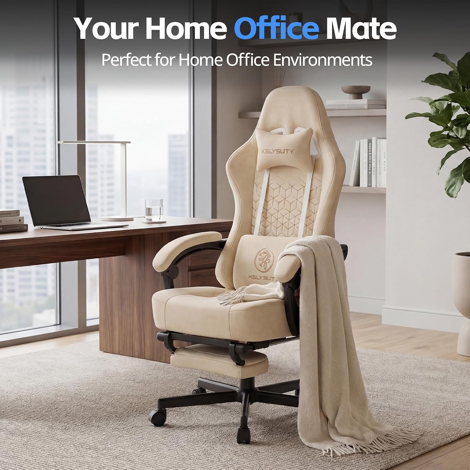 Gaming Chair Breathable Leather with Pocket Spring Cushion, Wide and High Ergonomic Office Chair with Headrest, Computer Gaming Chair with Footrest for Adult and Teen (Beige Leather)