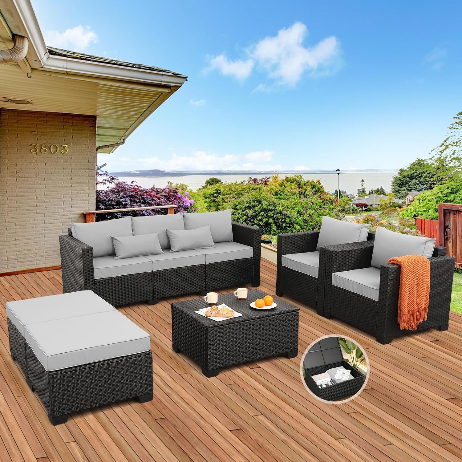 Rattaner Patio Wicker Furniture Set 6 Pieces Outdoor HDPE Wicker Conversation Couch Sectional Chair Sofa Set with Grey Cushions