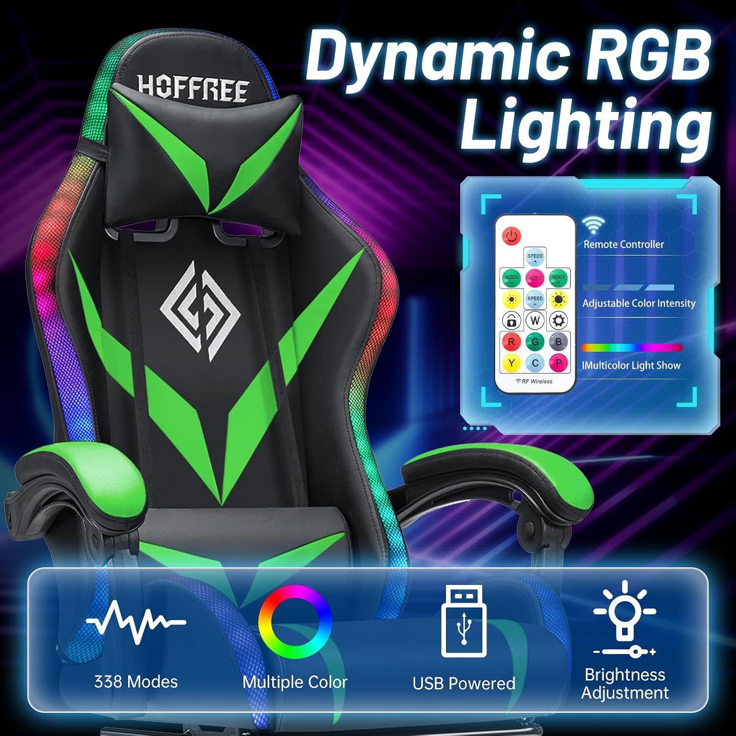 HOFFREE RGB Gaming Chair with Speakers and Massage Ergonomic Computer Chair with Lights and Footrest Reclining Video Game Chairs for Adults Green and Black