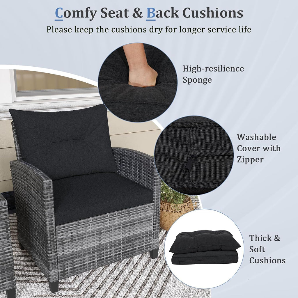KOTEK 3 Piece Patio Furniture Set, Outdoor PE Rattan Conversation Set with Washable Cushions & Tempered Glass Tabletop, Wicker Chairs and Table Set for Porch, Garden, Balcony (Black)