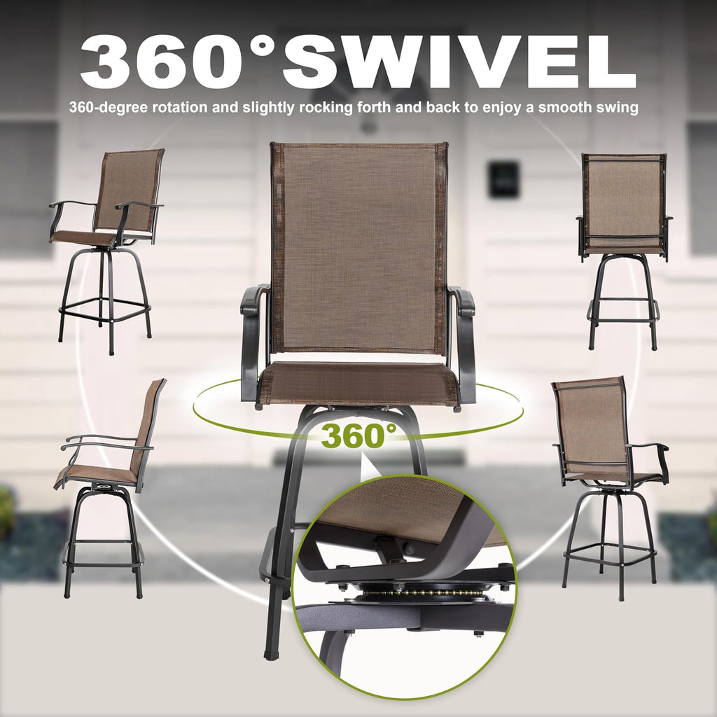 NUU GARDEN 5-Piece Outdoor Bar Set - 4 Swivel High Back Textilene Bar Stools & Metal Table with Faux Wood Top, Weather-Resistant Patio Furniture for Backyard, Porch, Garden, Black & Brown