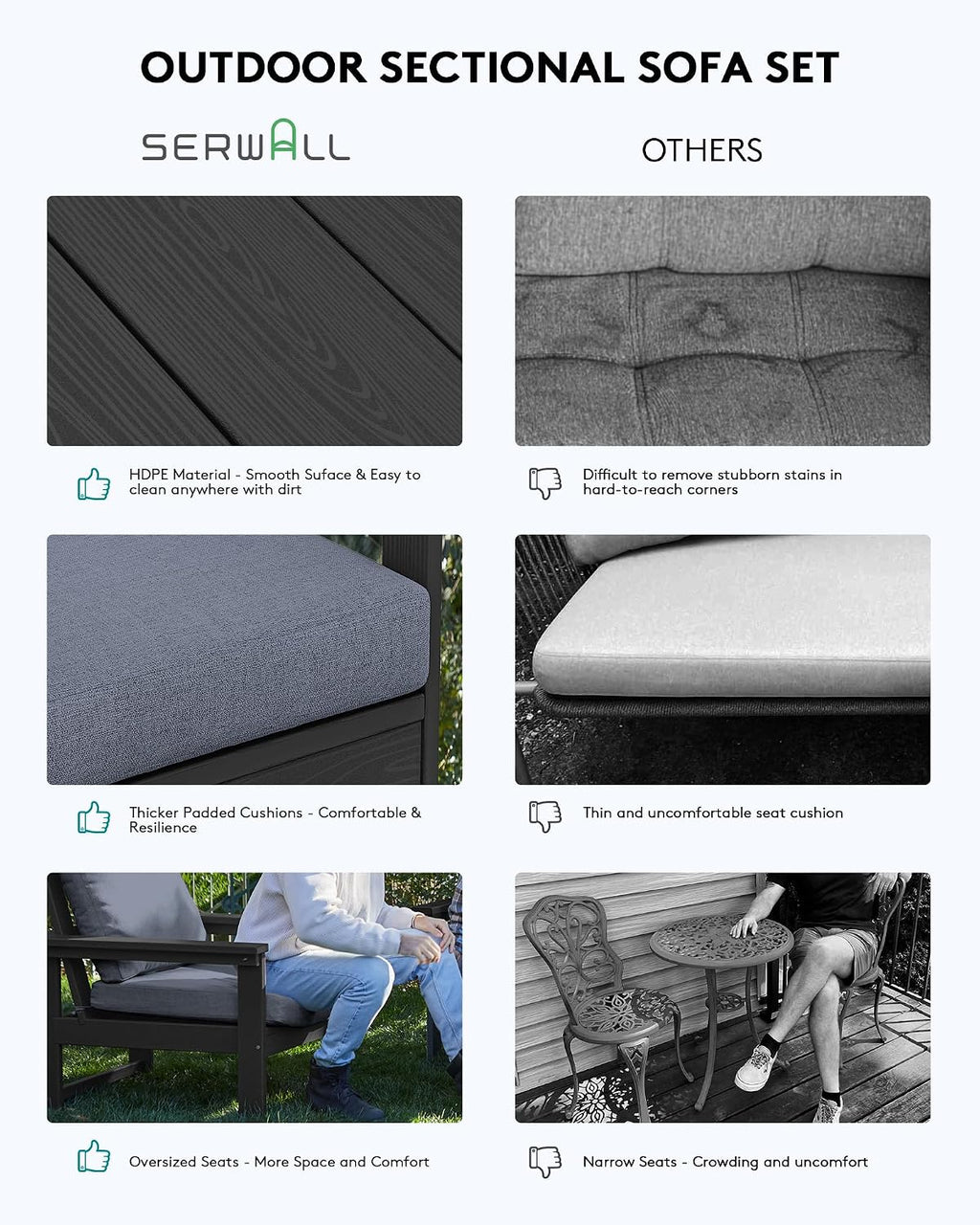 SERWALL HDPE Patio Sofa Set, 3-piece Sectional Outdoor Furniture Set, All Weather Outdoor Couch Set Patio Furniture Set for Deck, Lawn, Black Frame with Grey Cushion