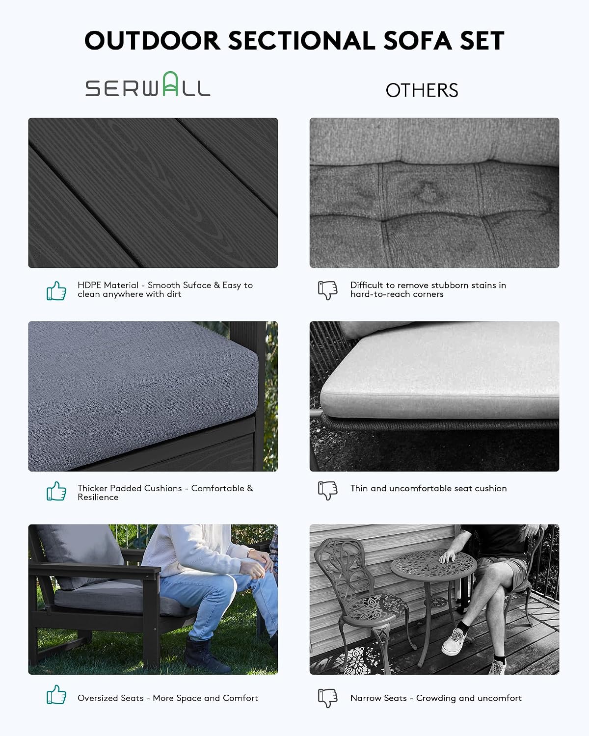 SERWALL HDPE Patio Sofa Set, 3-piece Sectional Outdoor Furniture Set, All Weather Outdoor Couch Set Patio Furniture Set for Deck, Lawn, Black Frame with Grey Cushion