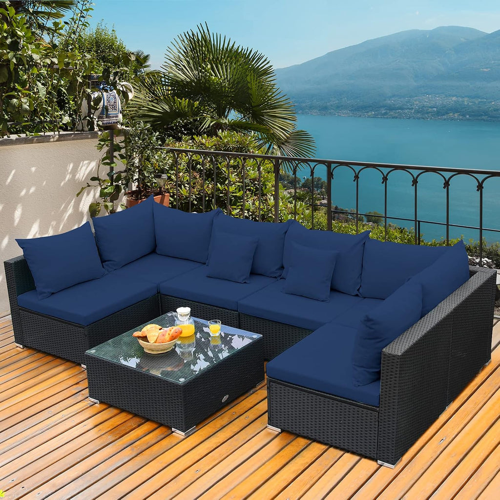 Tangkula 7-Piece Patio Furniture Set, Outdoor Sectional Wicker Sofa with Pillows and Cushions, Conversation Set with Coffee Table & Tea Table for Garden, Lawn (Navy Blue)