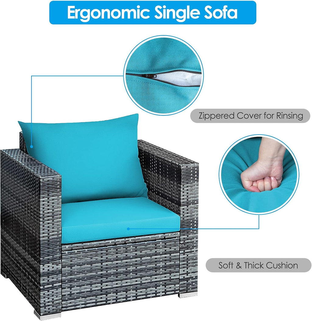 HAPPYGRILL 3 Piece Patio Conversation Set Outdoor Rattan Wicker Sofa Set with Coffee Table Patio Furniture Set with Soft Cushions for Balcony Porch Backyard Garden