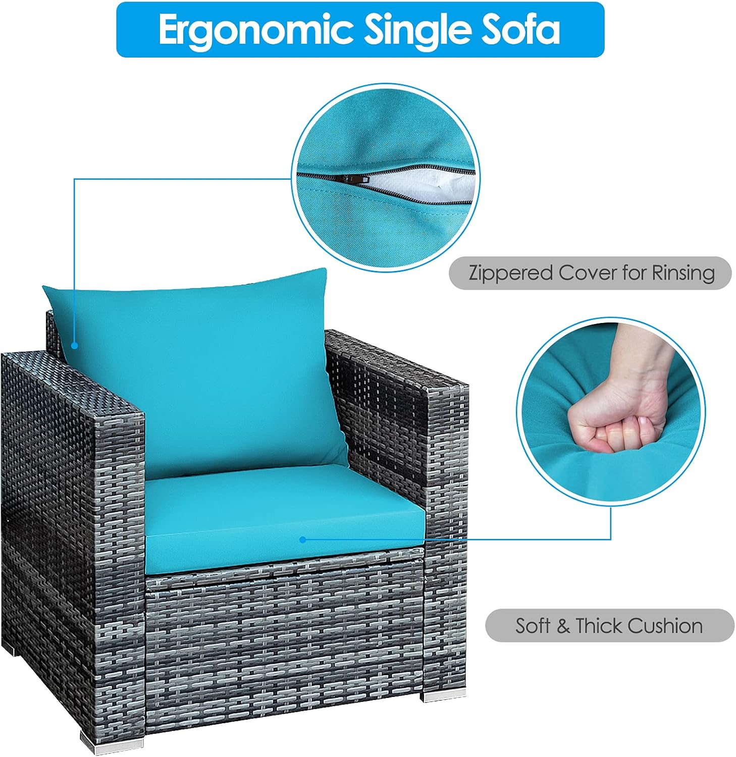 HAPPYGRILL 3 Piece Patio Conversation Set Outdoor Rattan Wicker Sofa Set with Coffee Table Patio Furniture Set with Soft Cushions for Balcony Porch Backyard Garden