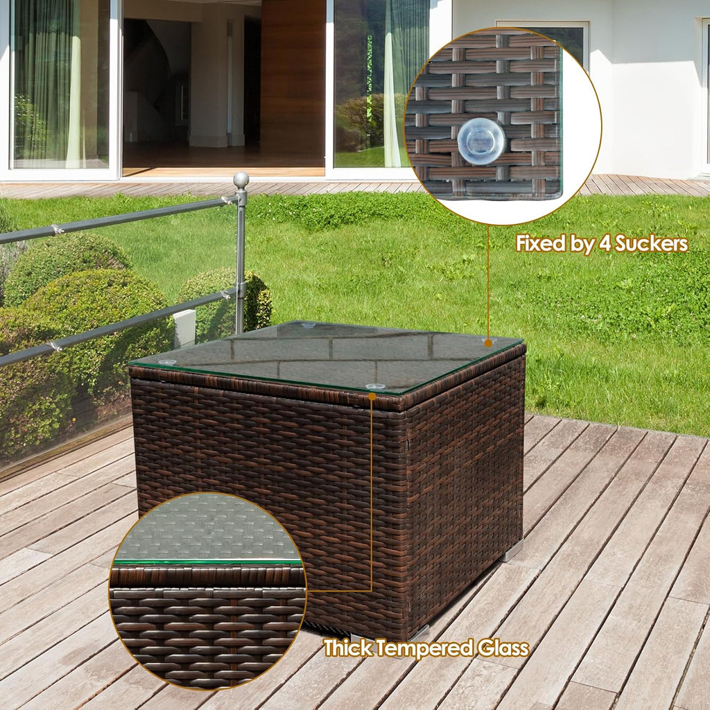 COSTWAY 3-Piece Patio Furniture Set, Outdoor Wicker Rattan Sofa with Cushions and Coffee Table with Tempered Glass, Modern Conversation Chair Set for Poolside Backyard Balcony Lawn (Beige)