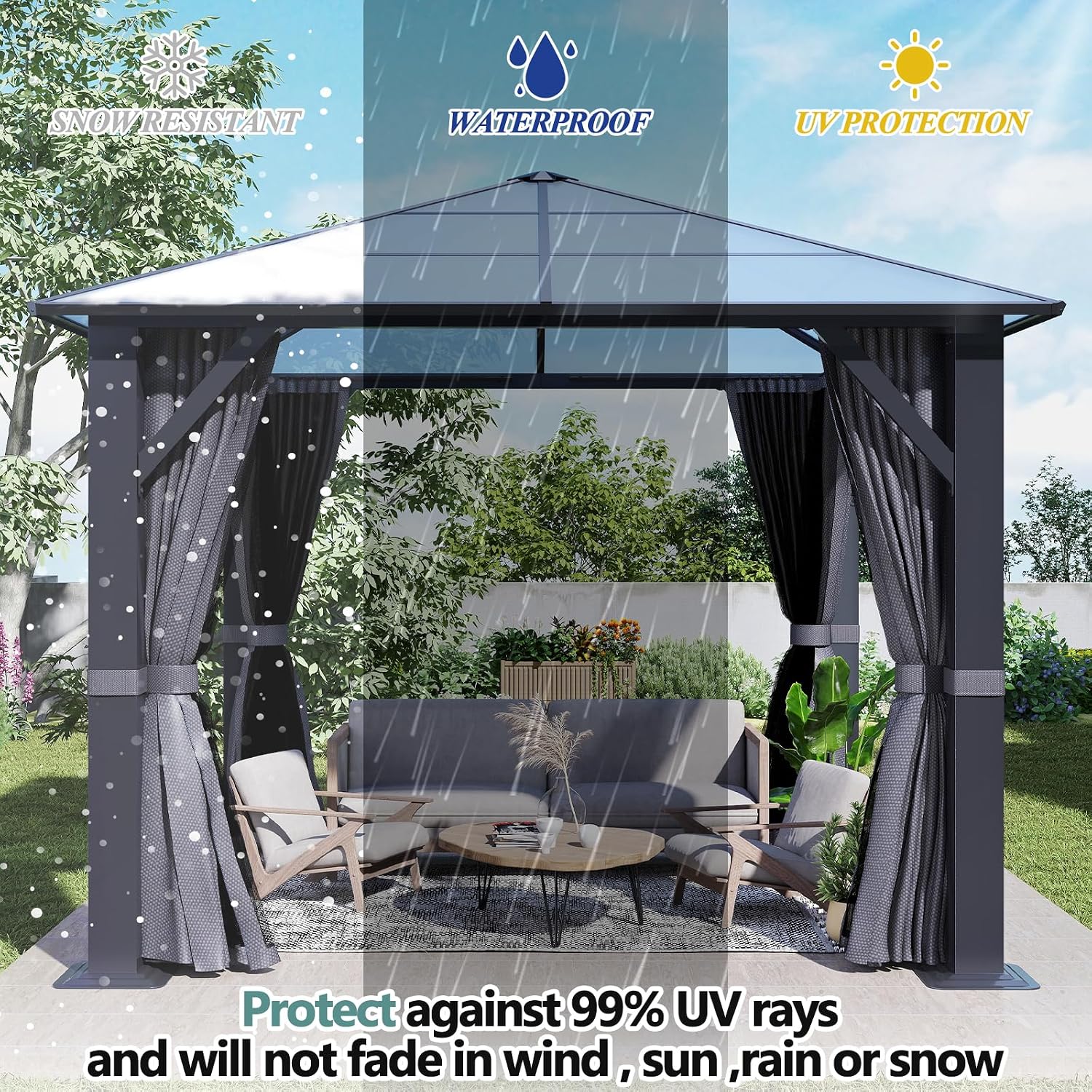 10'x10' Hardtop Gazebo, Outdoor Polycarbonate Roof Gazebo, Heavy Duty Metal Permanent Pavilion with Curtains & Netting for Backyard, Patio, Deck (Polycarbonate Top)