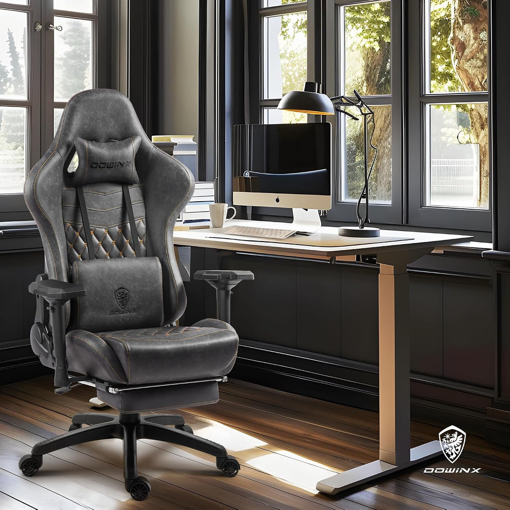 Dowinx Big and Tall Gaming Chair 400LBS, Ergonomic Computer Chair with Massage Lumbar Support & Footrest, High Back Comfortable Office & Gaming Chair with 4D Armrests, PU Leather, Grey