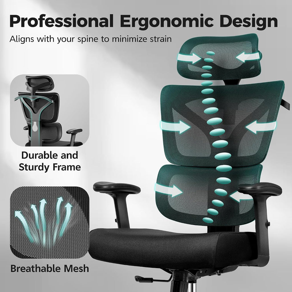 Ergonomic Office Chair High Back Desk Chair with Lumbar Support, Breathable Mesh Computer Chair with Adjustable Armrests Height, Reclining Swivel Big and Tall Gaming Chair for Home Office(Black)