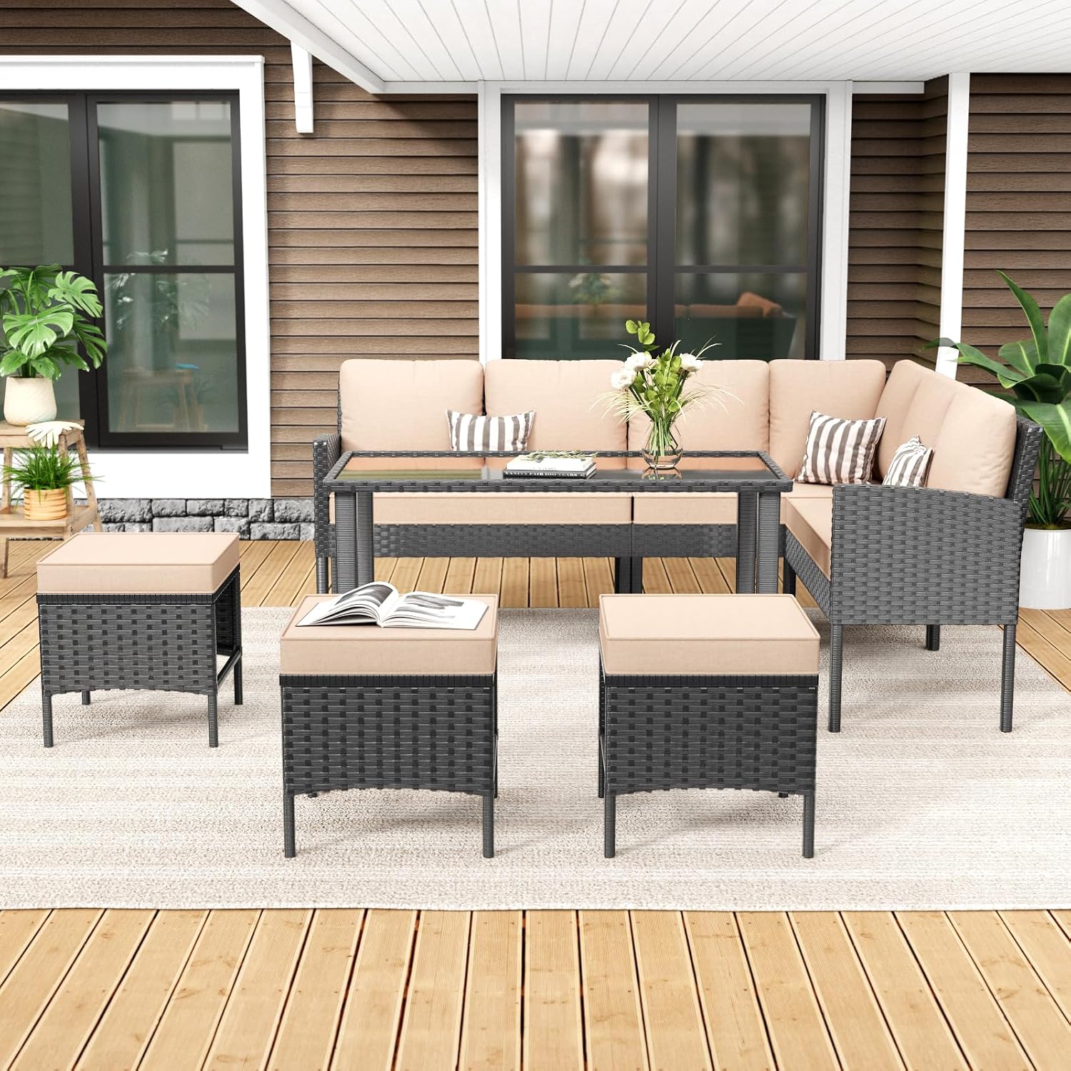 7-Piece Patio Furniture Set with Cushions and Pillows, Outdoor Wicker Sectional Sofa with Long Glass Coffee Table, All-Weather Conversation Set for Garden, Porch, Lawn, Khaki