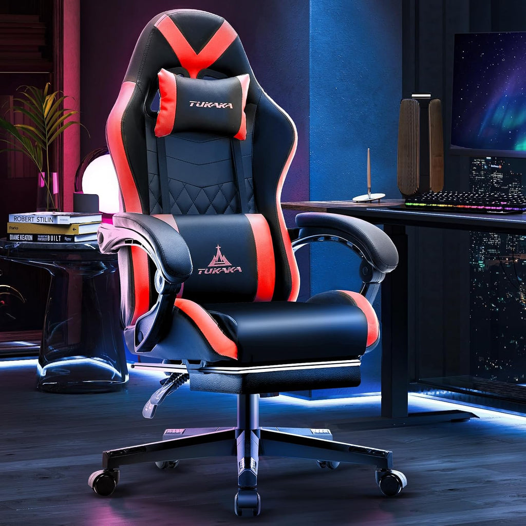 Gaming Chair,Ergonomic Massage Computer Office Desk Chair with Footrest,Pocket Spring Cushion,Reclining Leather Adjustable Gamer Chair with Headrest and Lumbar Support,Red