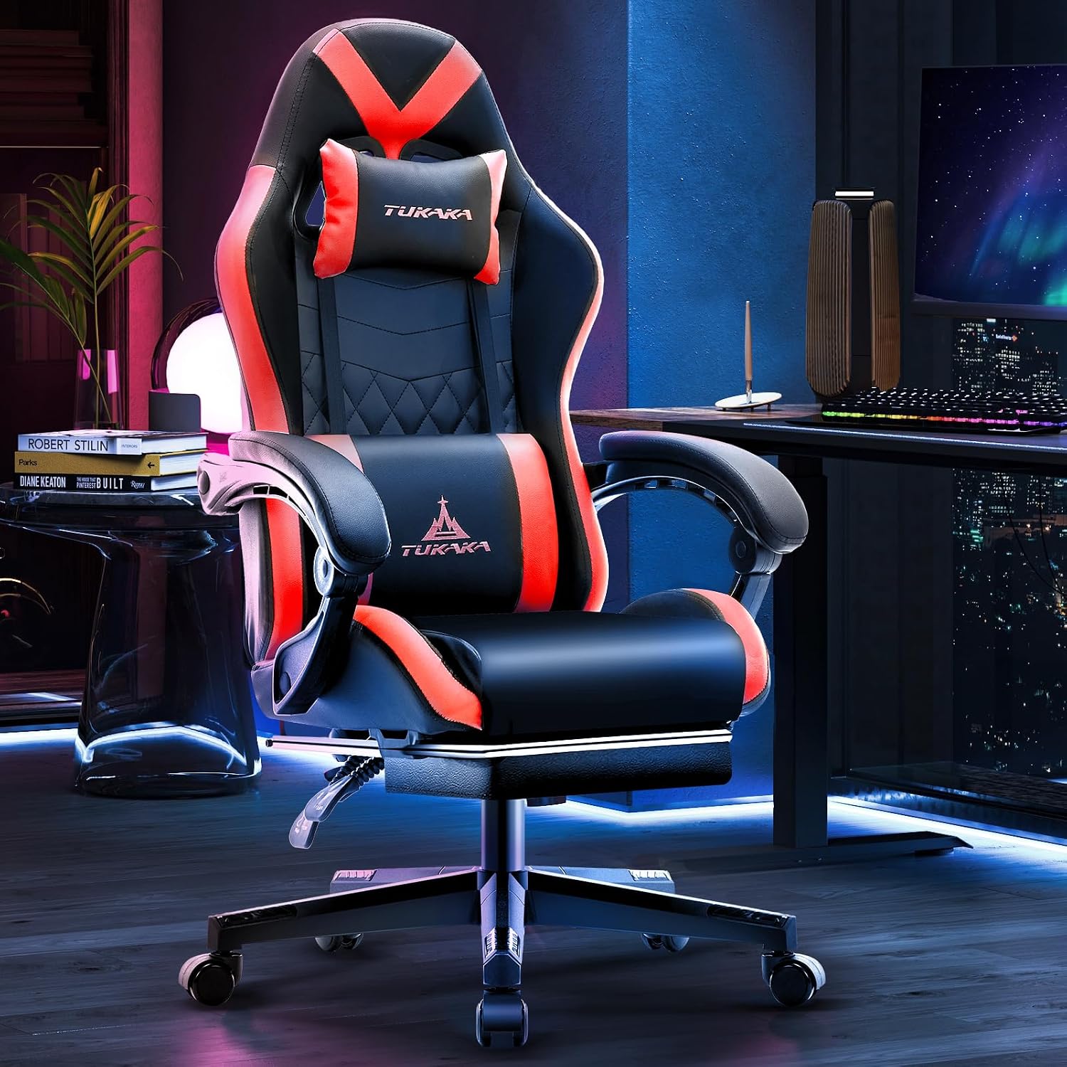 Gaming Chair,Ergonomic Massage Computer Office Desk Chair with Footrest,Pocket Spring Cushion,Reclining Leather Adjustable Gamer Chair with Headrest and Lumbar Support,Red