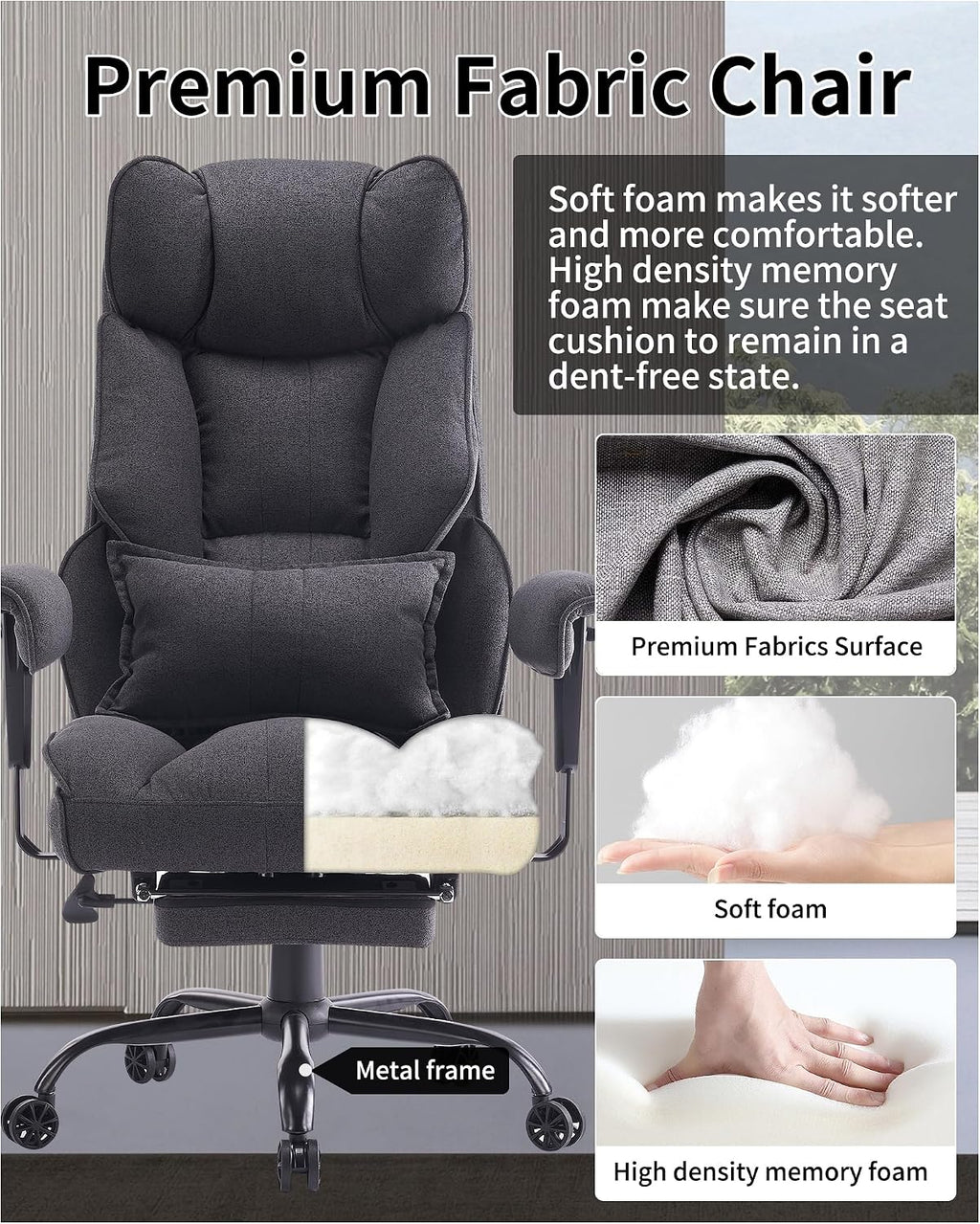Efomao Fabric Office Chair, Big and Tall Office Chair 400 lb Weight Capacity, High Back Executive Office Chair with Foot Rest, Ergonomic Office Chair for Back Pain Relief, Dark Grey