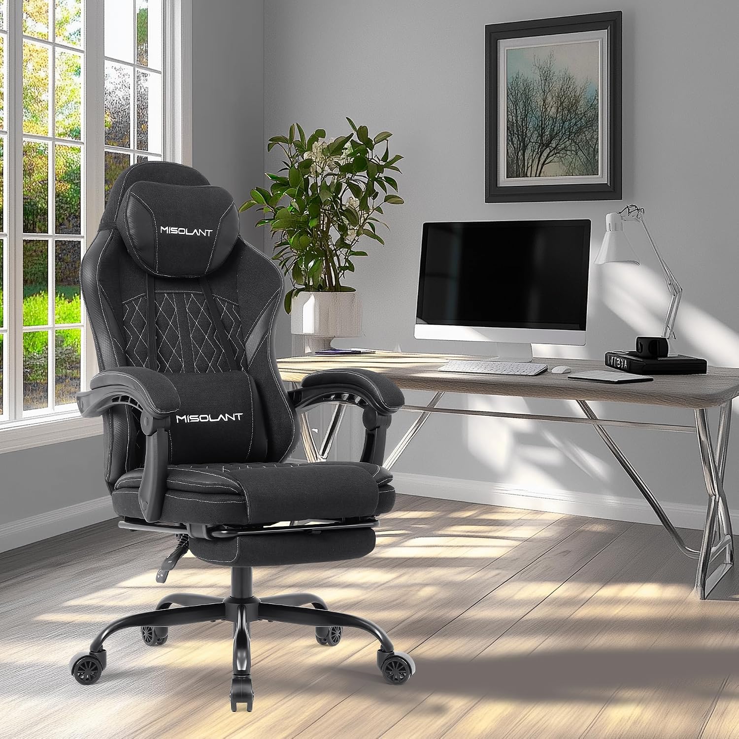 Misolant Gaming Chair, Fabric Gamer Chair with footrest for Adults, High Back Ergonomic Computer Game Chair with Adjustable Headrest and Massage Lumbar Support, 90-155° Recline Free，Black