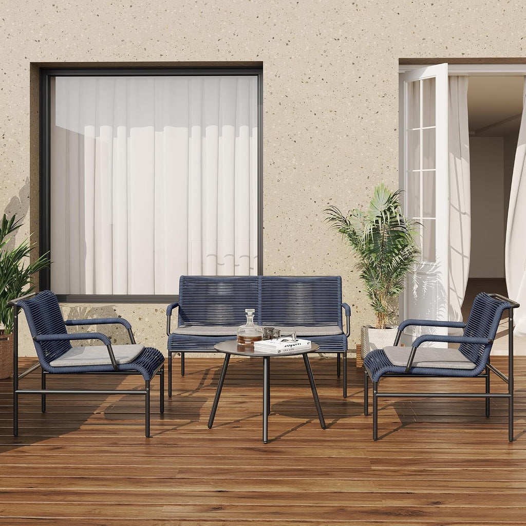 East Oak 4 Piece Patio Furniture Set, Outdoor Furniture with PE Wicker Rattan Chairs and Coffee Table, Modern Patio Conversation Set with Soft Pad for Garden, Backyard and Porch, Navy Blue