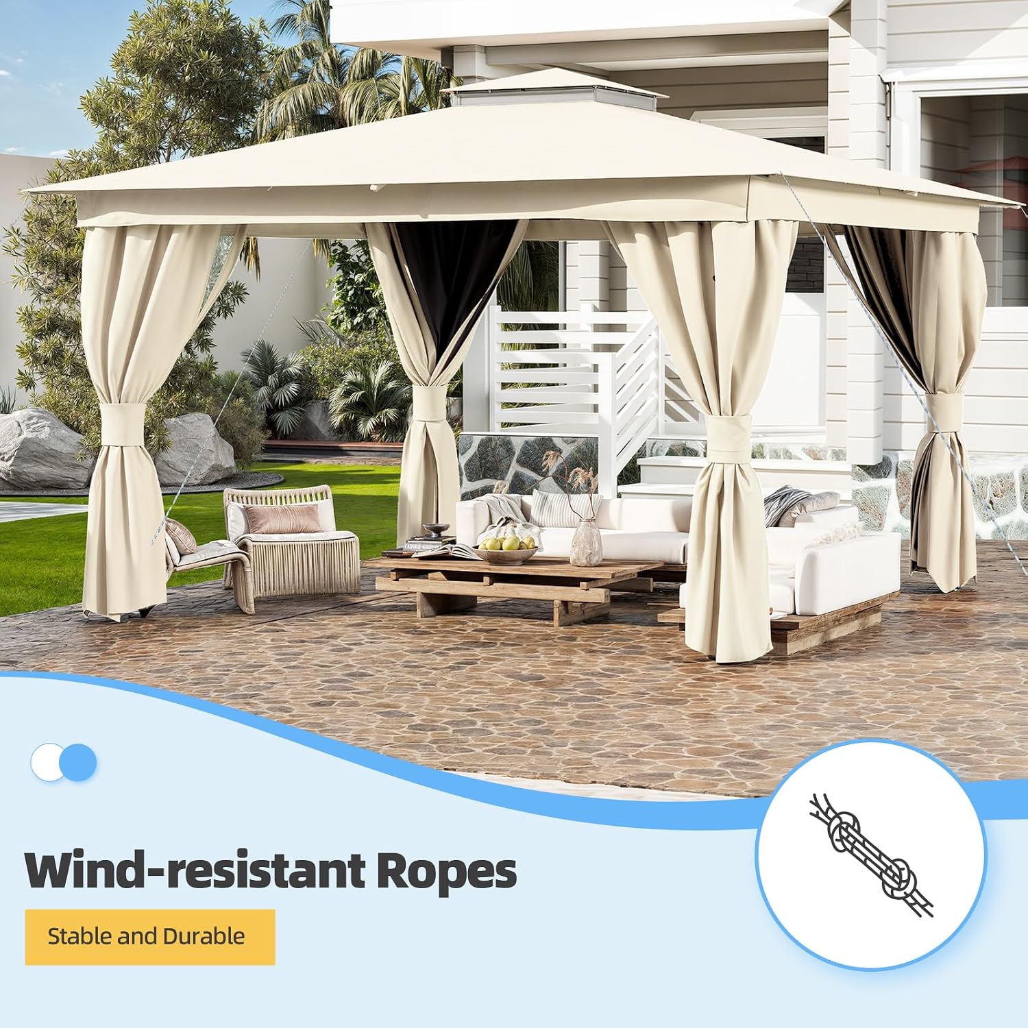 MELLCOM 10'x13' Outdoor Kahaki Gazebo for Patio, Heavy Duty Party Tent with Double Roofs, Outdoor Canopy with Curtains and Nettings for Deck, Lawn and Backyard