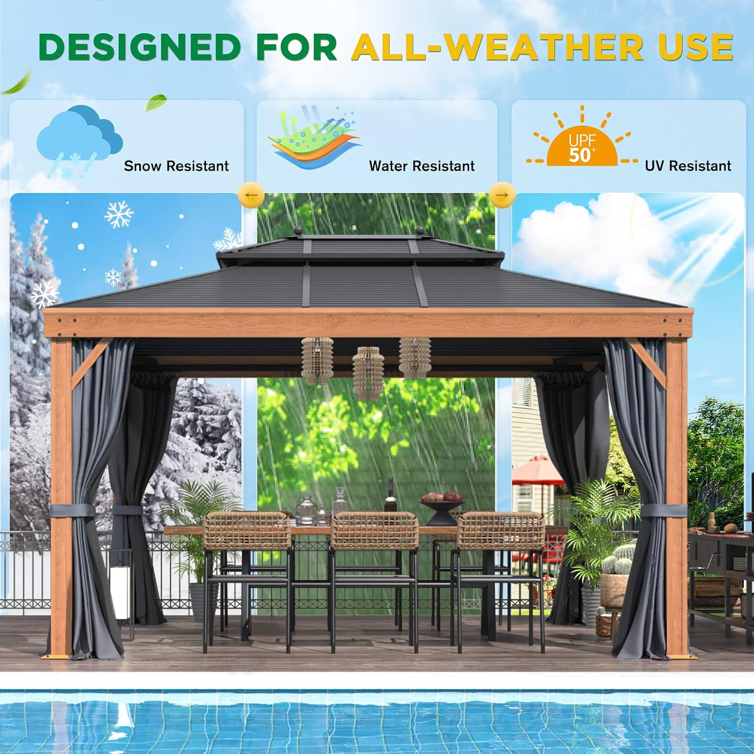 EROMMY 10'x13' Hardtop Gazebo Outdoor Aluminum Wood Grain Gazebos with Galvanized Steel Roof and Mosquito Net for Patios, Deck, Backyard, Curtains & Netting
