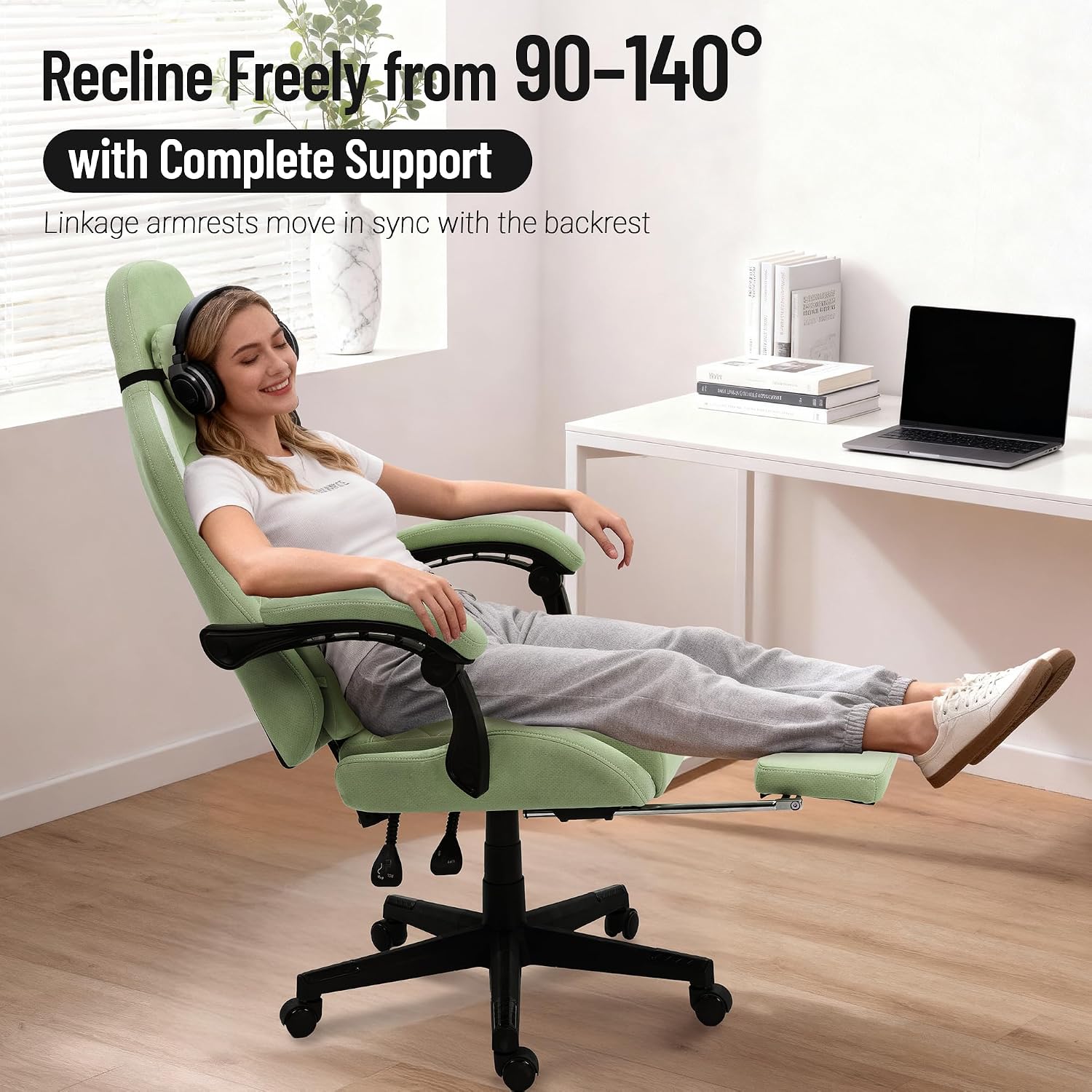 Big and Tall Gaming Chair Fabric with Pocket Spring Cushion, High Back Heavy Duty Gaming Chairs for Adults with Massage Lumbar, Ergonomic Computer Chair with Footrest 400LBS Fabric Green