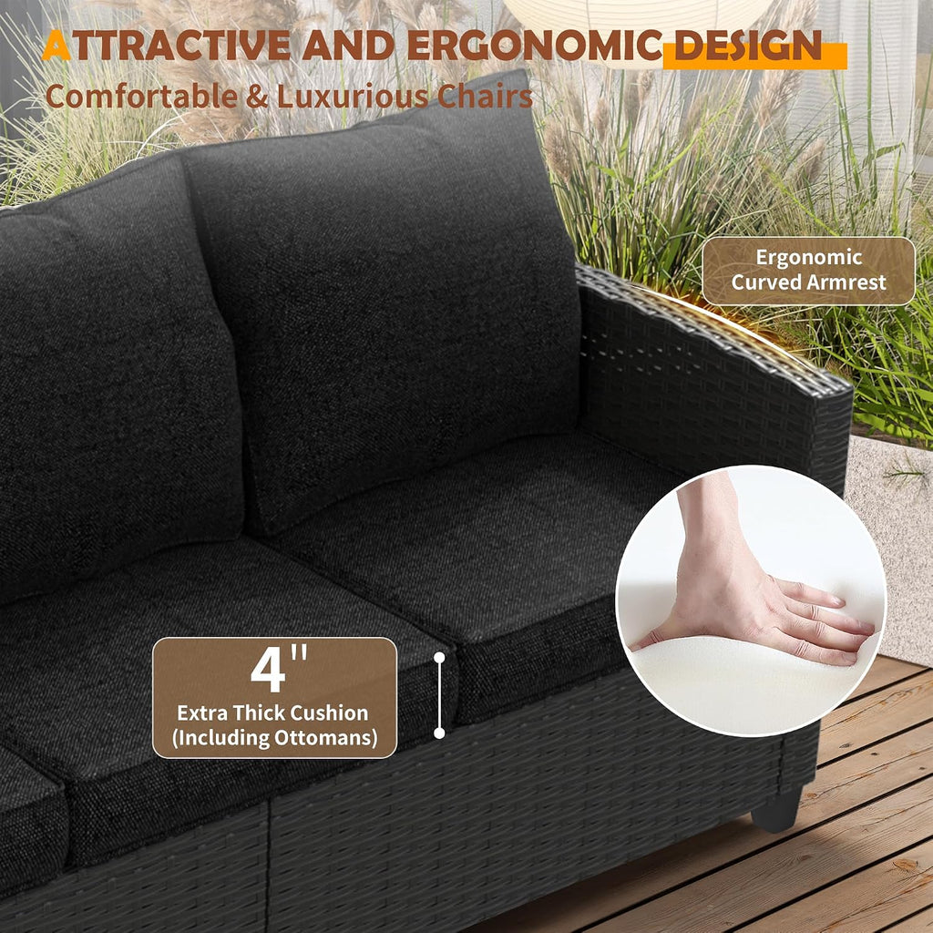 UDPATIO Patio Furniture Set, 6 Pieces Outdoor Sectional Couch with Swivel Rocking Chair, Gray Wicker Rattan Sofa with Side Table, 4' Thick Cushion for Garden Backyard Deck,Black