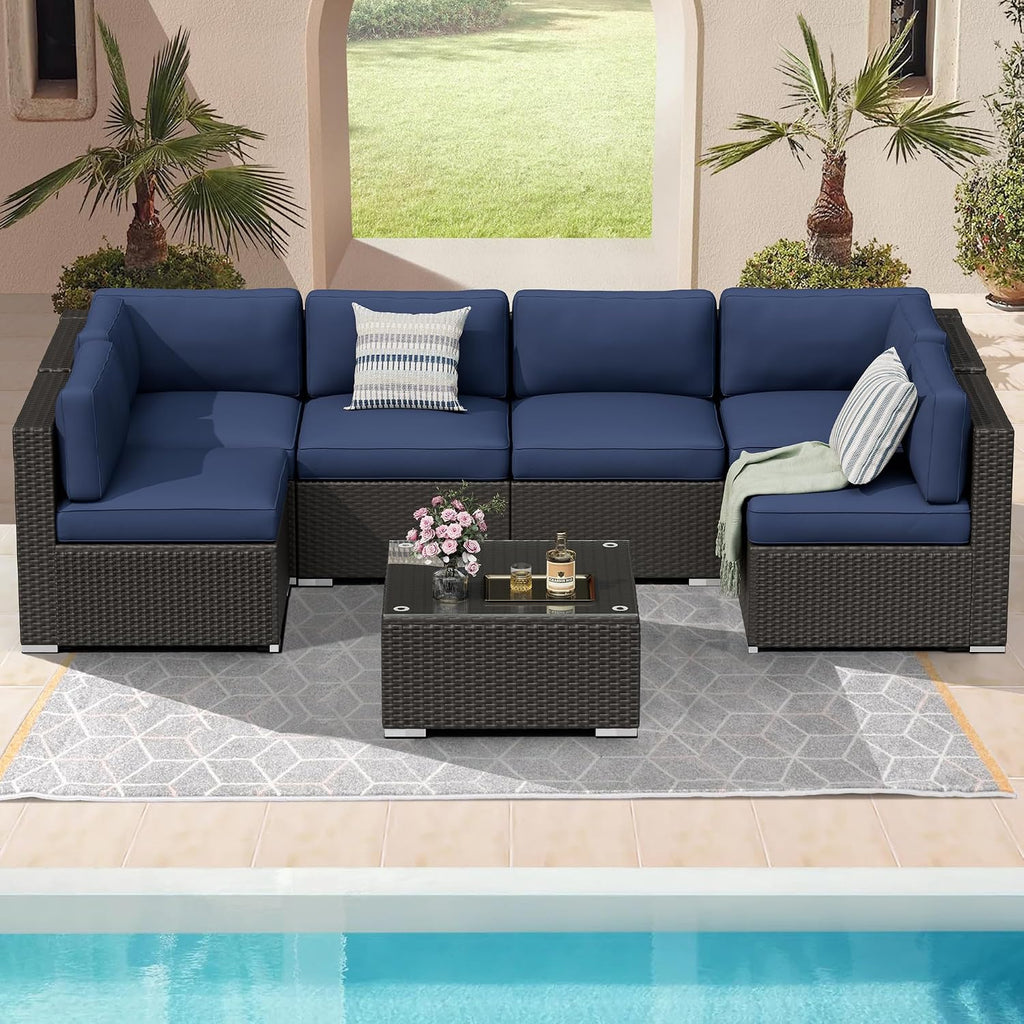 Incbruce Outdoor Patio Furniture Set 7-Piece All-Weather Sectional Sofa Outside Couch, Manual Weaving Wicker Rattan Conversation Set with Glass Top Table and Removable Cushions(Dark Blue)