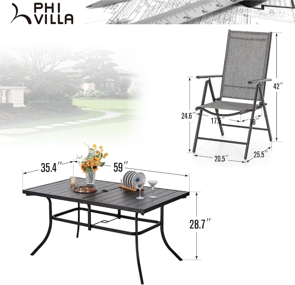 PHI VILLA 7 Piece Outdoor Dining Set with Umbrella, Patio Furniture Dining Set with Foldable Patio Chairs & Outdoor Table for Yard & Garden