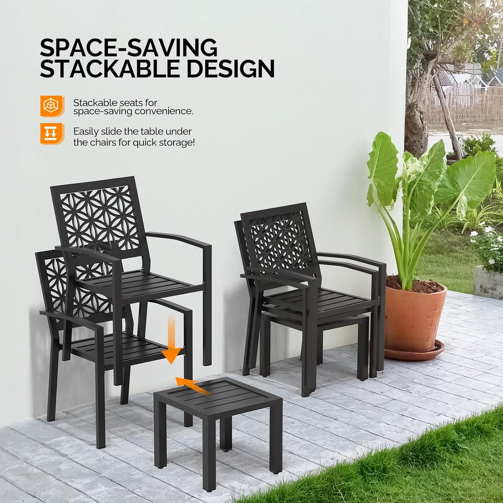 VINGLI 3-Piece Outdoor Bistro Set, Stackable Modern Metal Steel Table and Chairs with Rust-Resistant Coating, Small Patio Furniture Conversation Set for Porch, Deck, Balcony, Garden, Black