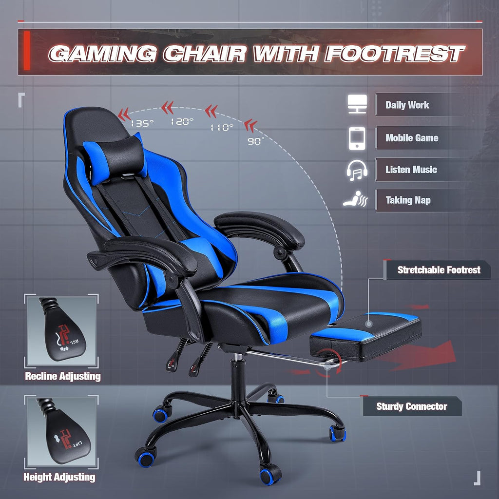Furmax Gaming Chair, Video Game Chair with Footrest and Massage Lumbar Support, Swivel Seat Height Adjustable Computer Chair with Headrest, Racing E-Sport Gamer Chair (Blue)