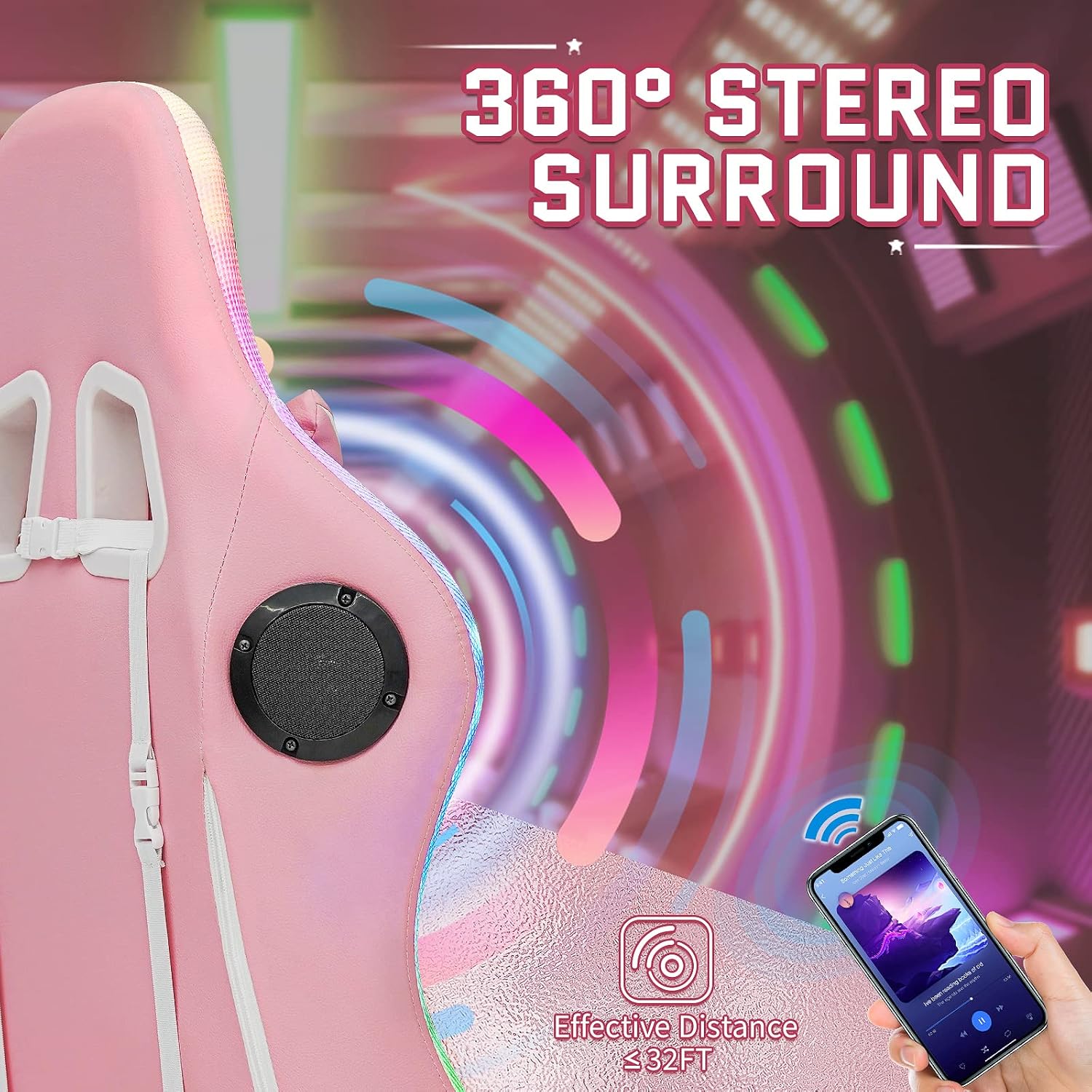 HOFFREE Pink Gaming Chair with Bluetooth Speakers and LED RGB Lights Cute Ergonomic Massage Computer Gaming Chair with Footrest High Back Video Game Chair with Lumbar Support Pink and White