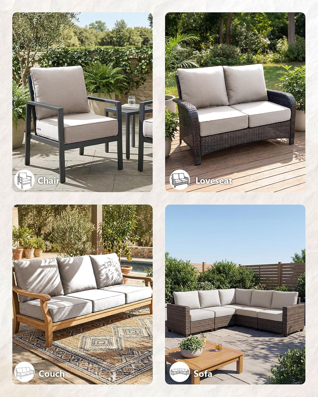 6' Thick Outdoor Cushion, 24*24*6' Patio Furniture Cushions with Waterproof Patio Furniture Cushions with Removable Cover, 28D High Density Patio Cushion for Outdoor Furniture,Beige-4pcs