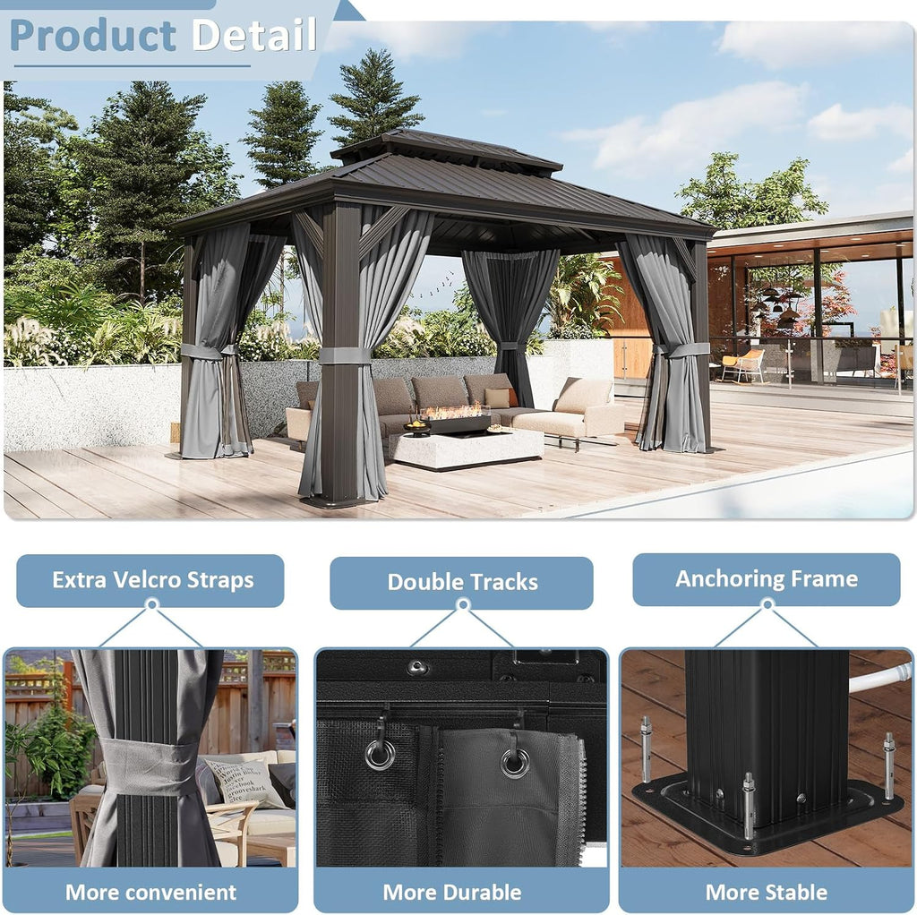 Aoxun 10' x 14' Permanent Hardtop Gazebo with Galvanized Steel Double Roof and Aluminum Frames Outdoor Large Pavilion Gazebo for Patio Deck Garden, Nettings and Curtains Included, Gray