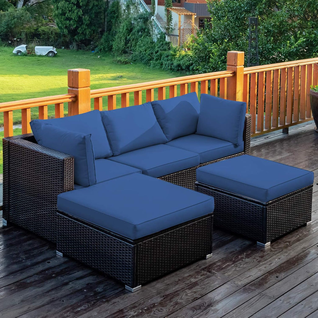 Tangkula 5 Piece Patio Furniture Set, Outdoor Sectional Rattan Sofa Set with Cushions and Coffee Table, Suitable for Backyard Porch Garden Poolside and Deck, Wicker Conversation Set (Navy Blue)
