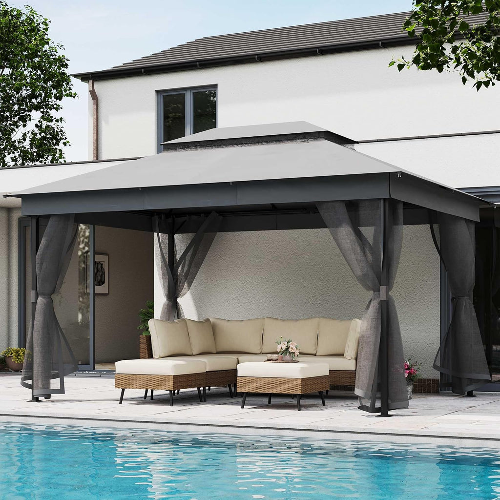 LAUSAINT HOME 10' X 13' Waterproof Patio Gazebo with Mosquito Netting, Double Roof Outdoor Gazebo Pavilion Shelter for Backyard, Garden, Lawn, Wedding (Grey)