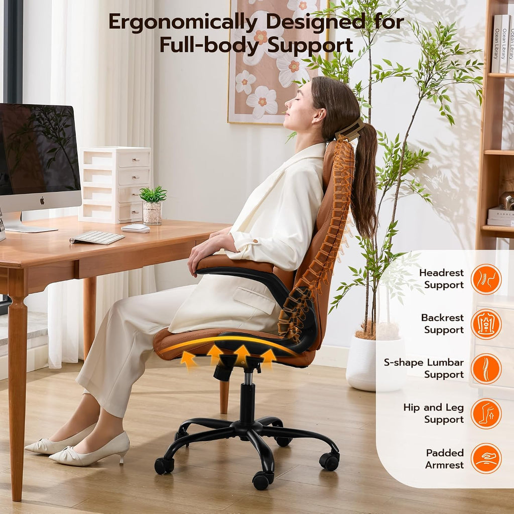 Ylzyxal Office Desk Chair, Ergonomic Computer Chair with Padded Flip-Up Arms and Adjustable Lumbar Support, PU Leather Executive Chair with Tilt Lock and 360° Swivel Rolling Wheels for Work, Study