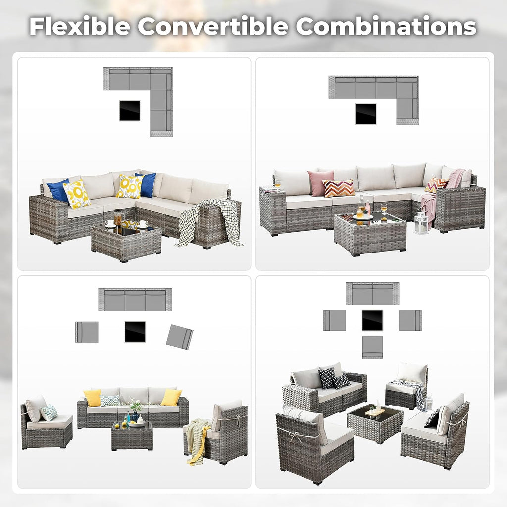 ovios 6 Pieces Patio Furniture Set, Outdoor Wicker Sectional Sofa with Coffee Table Comfy Cushions, Modern Modular Deep Seat Couch Rattan Conversation Set, Beige