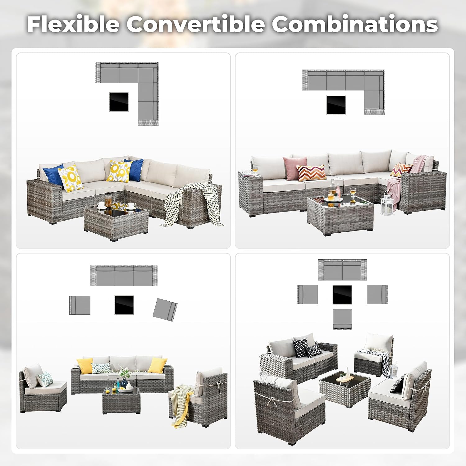 ovios 6 Pieces Patio Furniture Set, Outdoor Wicker Sectional Sofa with Coffee Table Comfy Cushions, Modern Modular Deep Seat Couch Rattan Conversation Set, Beige
