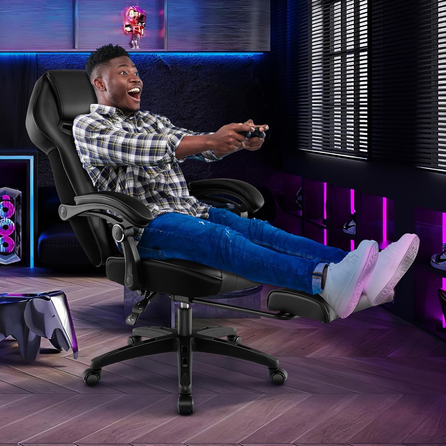 COSTWAY Gaming Chair, Ergonomic Adjustable Racing Video Game Chair w/Retractable Footrest, Padded Headrest & Lumbar Support, High Back Reclining Home Office Computer Gamer Chair for Adults (Black)