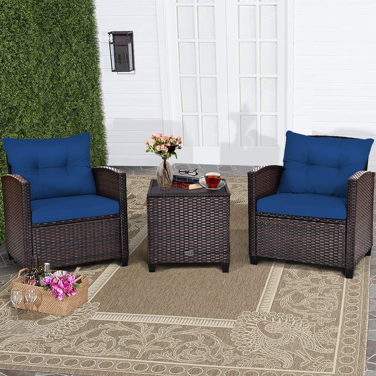 COSTWAY 3PCS Patio Furniture Set, PE Rattan Wicker Sofa w/Washable Cushion and Coffee Table, Tempered Glass Tabletop, Outdoor Conversation Set for Balcony, Porch, Yard, Backyard, Lawn, Navy Blue