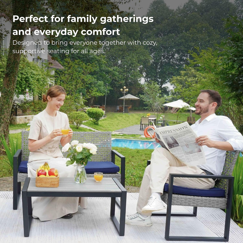 Merax 4 Pcs Patio Furniture Set, Outdoor Acacia Wood Table with 3 Chairs, All-Weather Garden Balcony Backyard Lawn Conversation Set (Blue Cushion and Light Gray Rattan)
