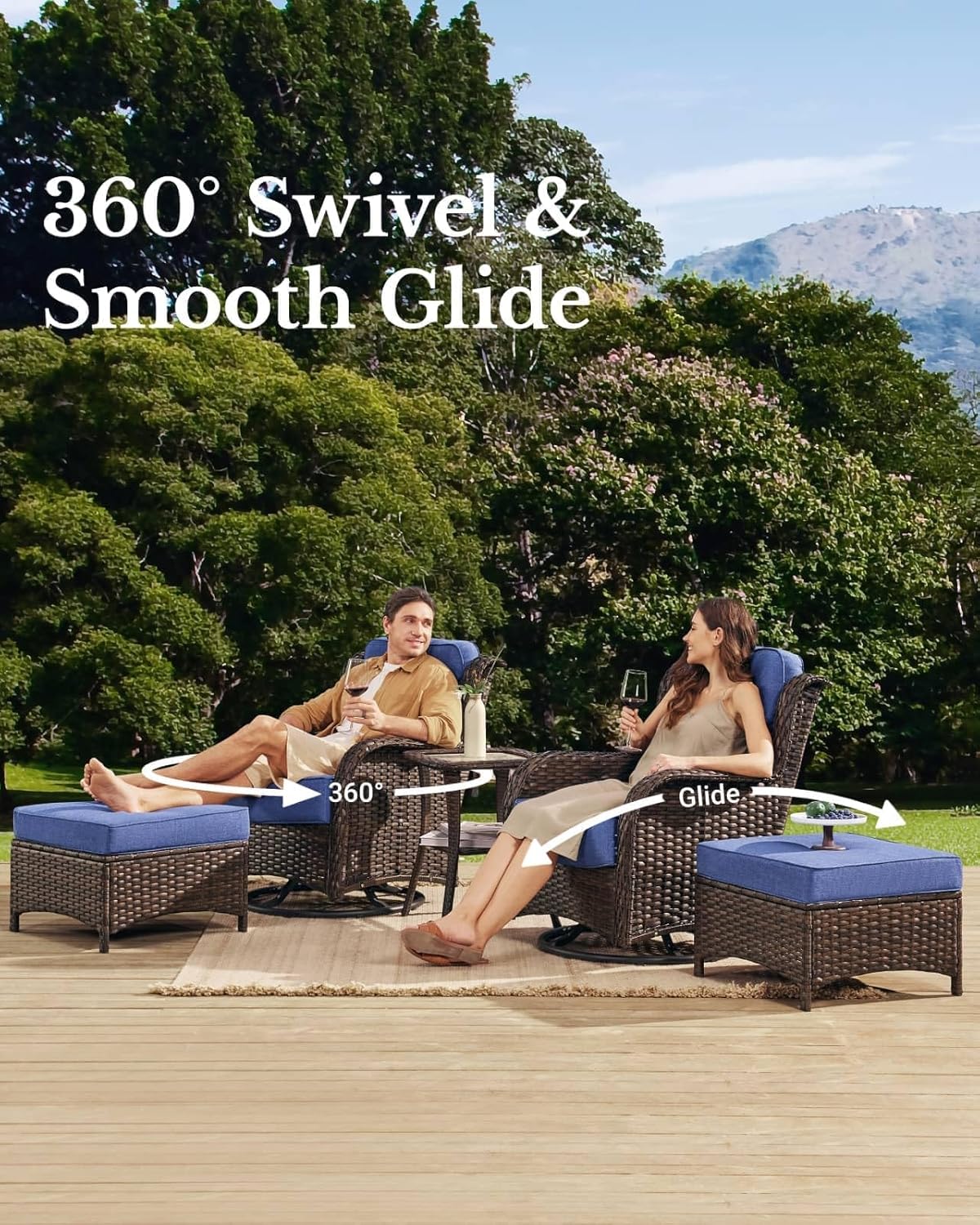 HILLGA Luxury High Back Patio Furniture Set with 6-Inch Thick Cushion, 6-Piece Outdoor Conversation Set with Corner Sofa, Swivel Rocker Chairs & Ottomans, Ideal for Porch Pool Deck Yard (Blue)